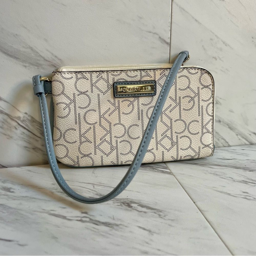 Calvin Klein Monogram Cream Light Blue CK Logo Wristlet Wallet Clutch